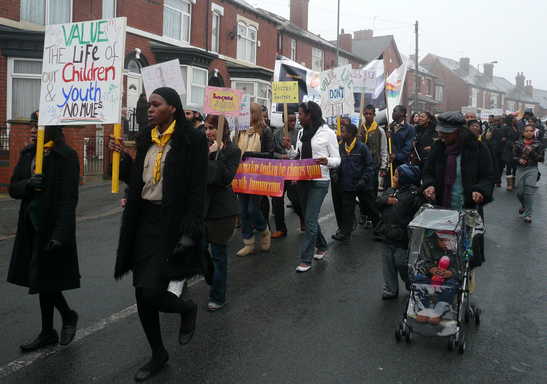 Marching down Scott Road, Pitsmoor.