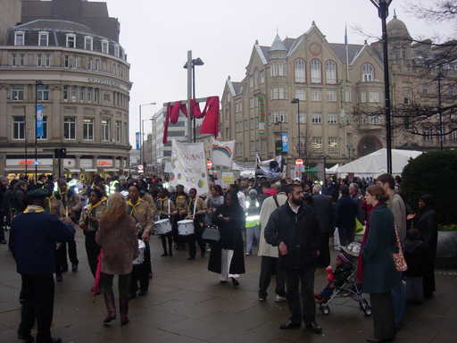Marchers at Pinstone Street on the threshold of Town Hall