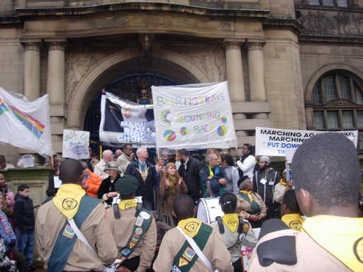 Marchers Clapping Councillor  Ibrar Hussain 
