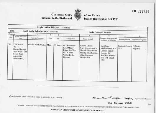 Death Certificate of Ali Amidulla