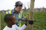 A student and a Forestry Worker put a tree up together