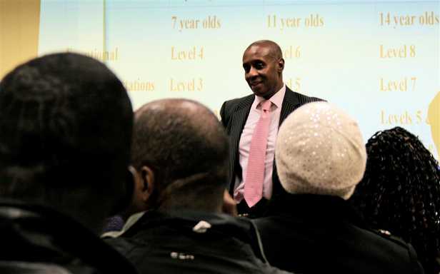 Sean Deer addressing a group of parents at SADACCA