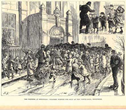 “The Distress at Sheffield: Children waiting for soup at the Vestry- Hall, Brightside”